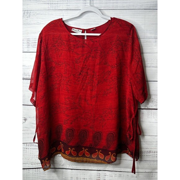 Nouveau Monde Womens Plus Size 2X Lined Red Chiffon Blouse Sheer Shoulder Pads - Picture 1 of 14